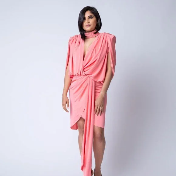 mother of the bride a line dresses Mother of the Bride Dress Satin A-Line Tea Length Cowl Neck Bow Formal Gown with Bow COCOMELODY CM0348, Mauve main image 0